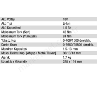 18V 1.5Ah Lı-Ion Çift Akülü Darbeli Matkap resim2