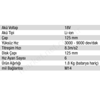 18V Lı-Ion 125 Mm Devir Ayarlı Avuç Taşlama Aküsüz resim2