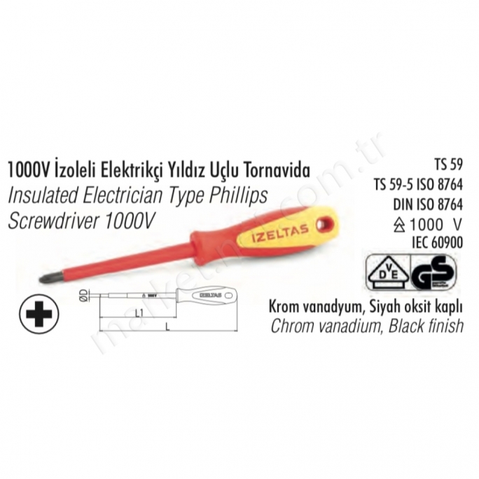 1000V Izoleli Elektrikçi Yıldız Uçlu Tornavida